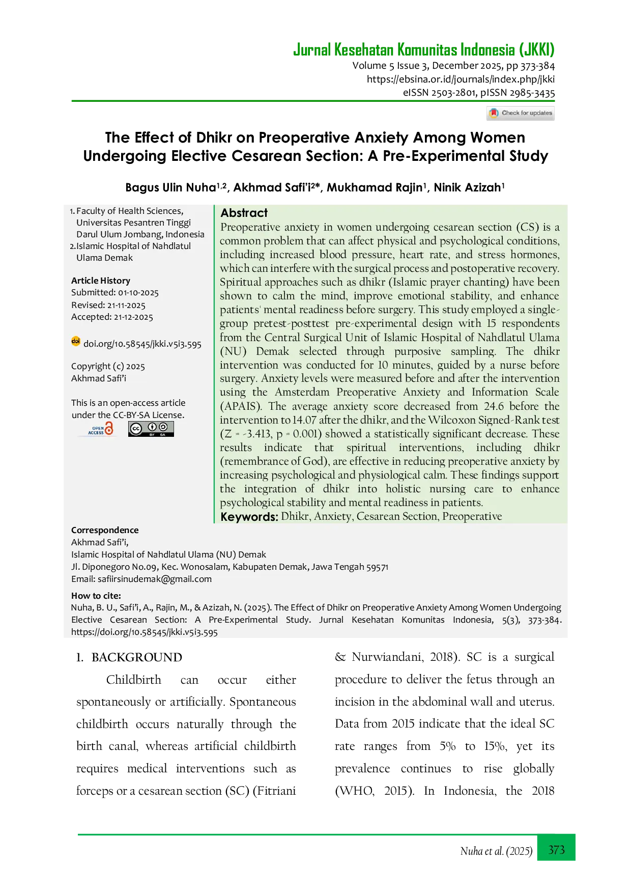 JURIS The Effect of Dhikr on Preoperative Anxiety Among Women Undergoing Elective Cesarean Section A Pre Experimental Study