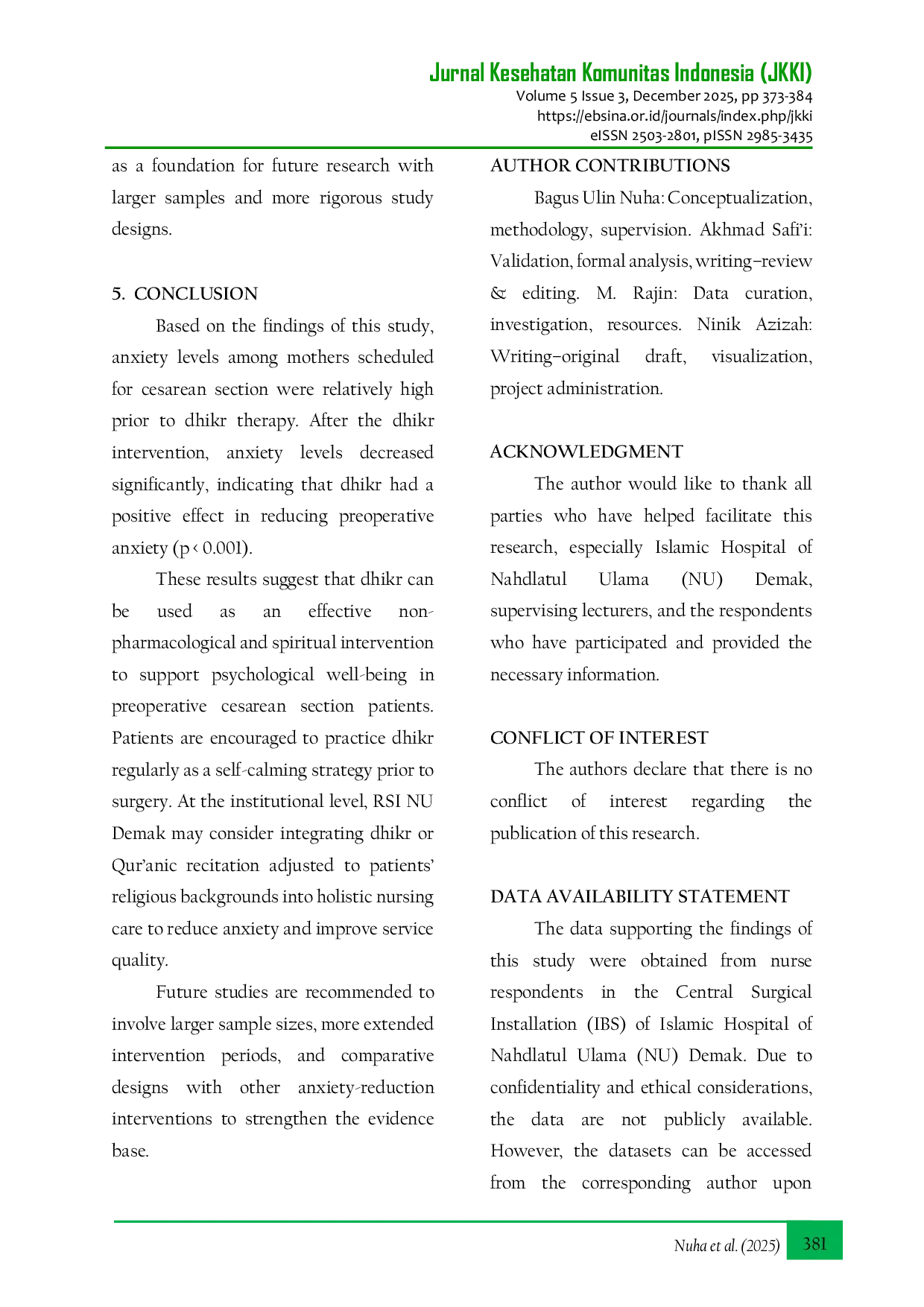 JURIS The Effect of Dhikr on Preoperative Anxiety Among Women Undergoing Elective Cesarean Section A Pre Experimental Study