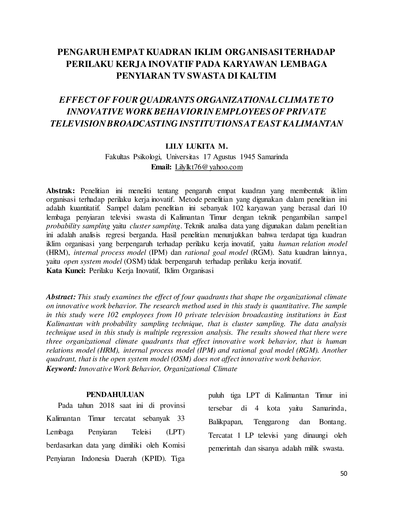 JURIS Pengaruh Empat Kuadran Iklim Organisasi Terhadap Perilaku Kerja Inovatif Pada Karyawan Lembaga Penyiaran TV Swasta Di Kaltim