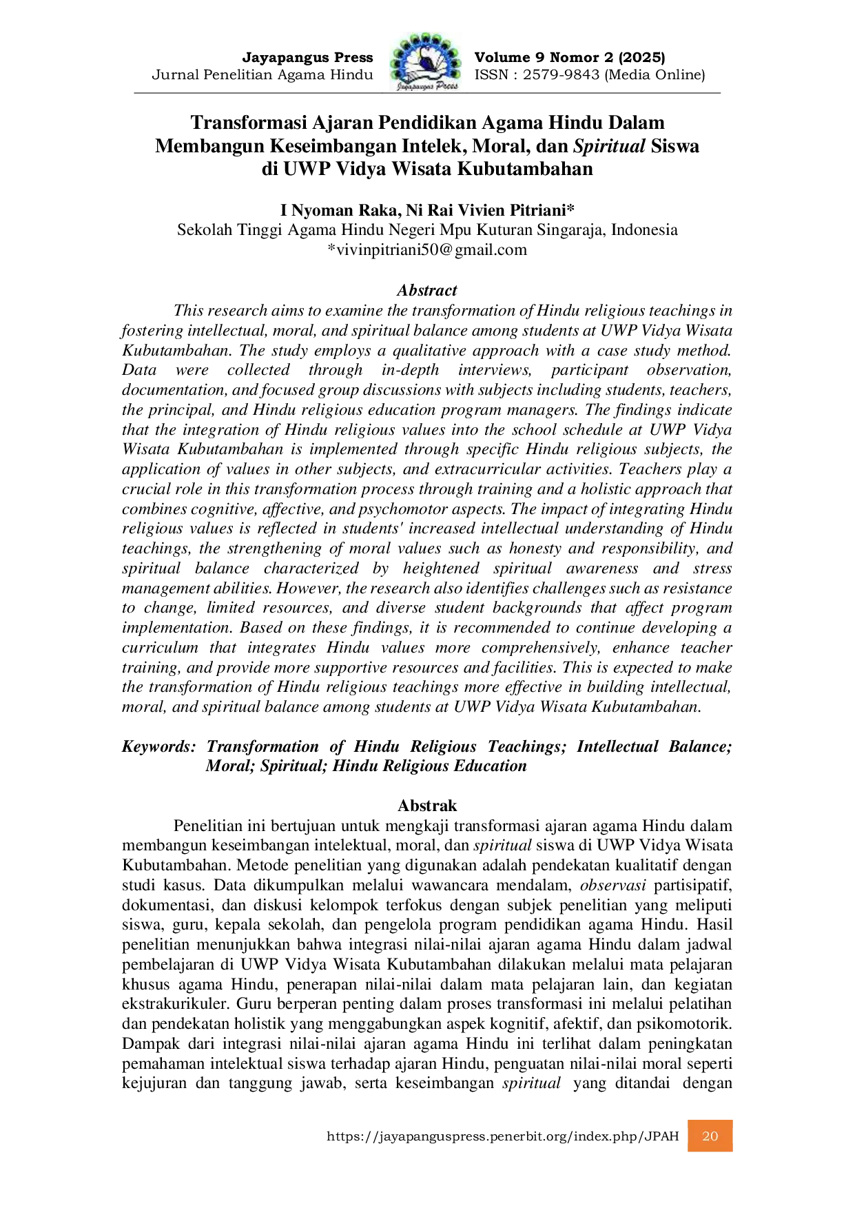 JURIS Transformasi Ajaran Pendidikan Agama Hindu Dalam Membangun Keseimbangan Intelek Moral dan Spiritual Siswa di UWP Vidya Wisata Kubutambahan