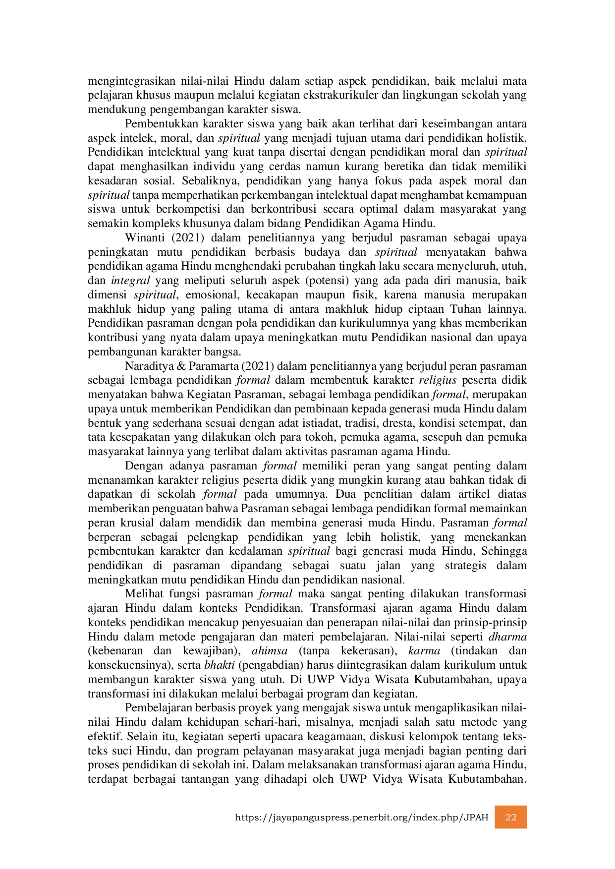 JURIS Transformasi Ajaran Pendidikan Agama Hindu Dalam Membangun Keseimbangan Intelek Moral dan Spiritual Siswa di UWP Vidya Wisata Kubutambahan