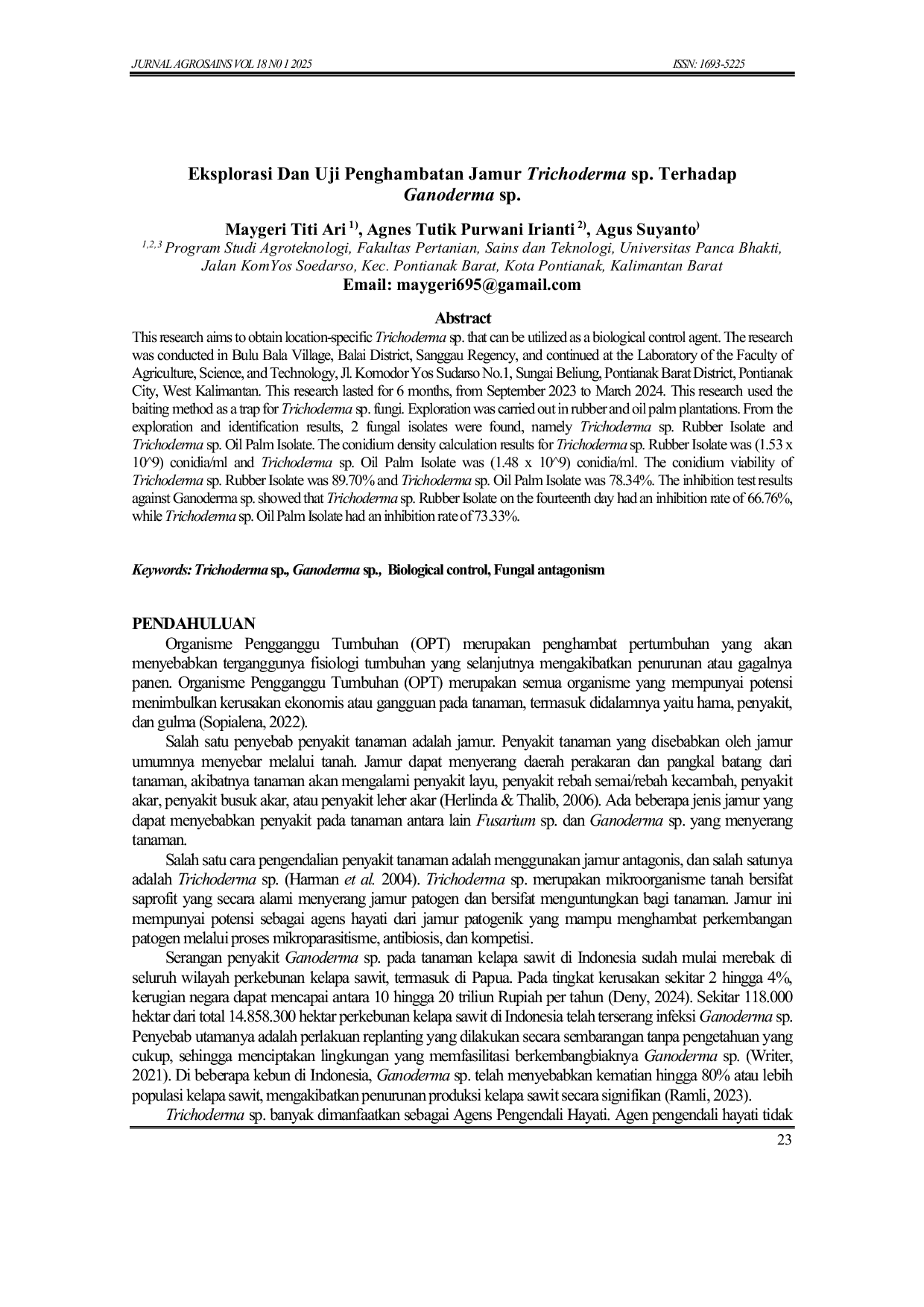 JURIS Eksplorasi Dan Uji Penghambatan Jamur Trichoderma sp Terhadap Ganoderma sp