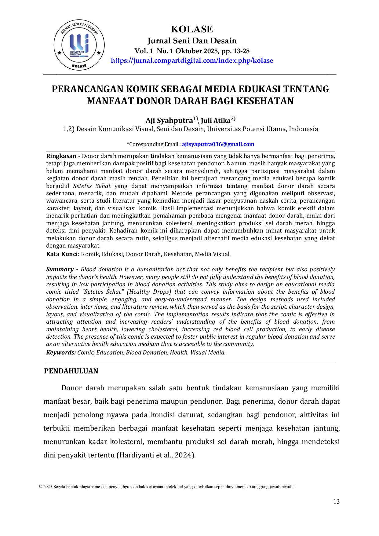 JURIS Perancangan Komik Sebagai Media Edukasi Tentang Manfaat Donor Darah Bagi Kesehatan