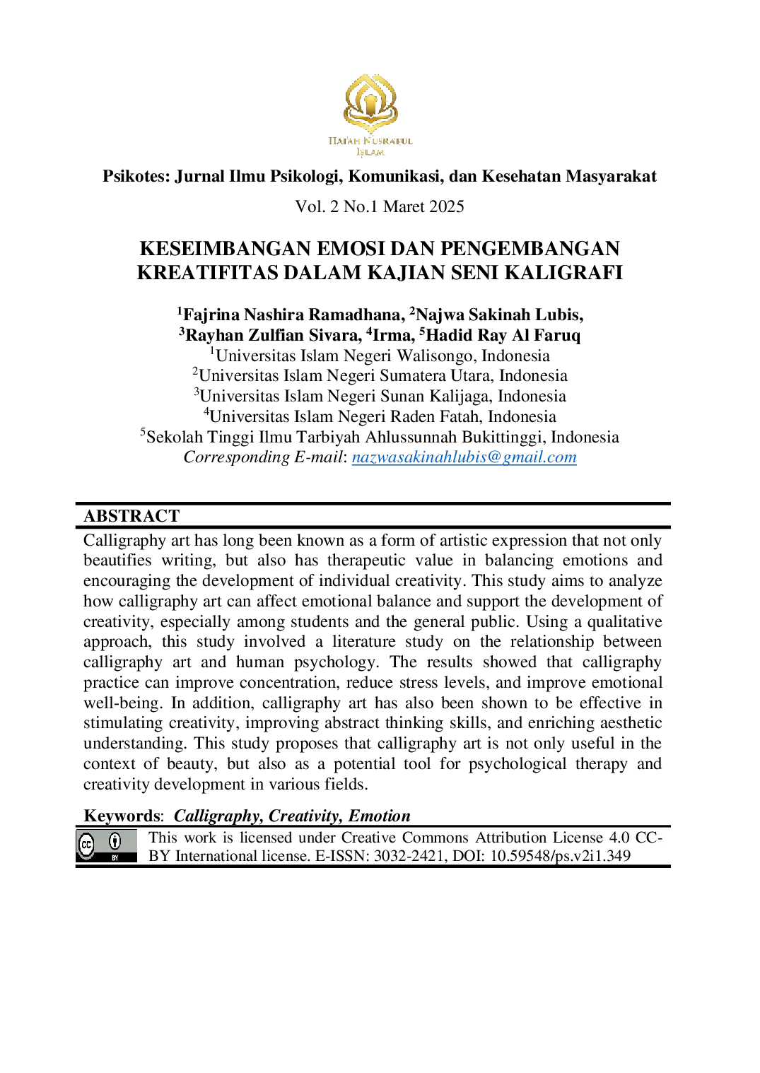 juris Keseimbangan Emosi Dan Pengembangan Kreativitas Dalam Kajian Seni Kaligrafi