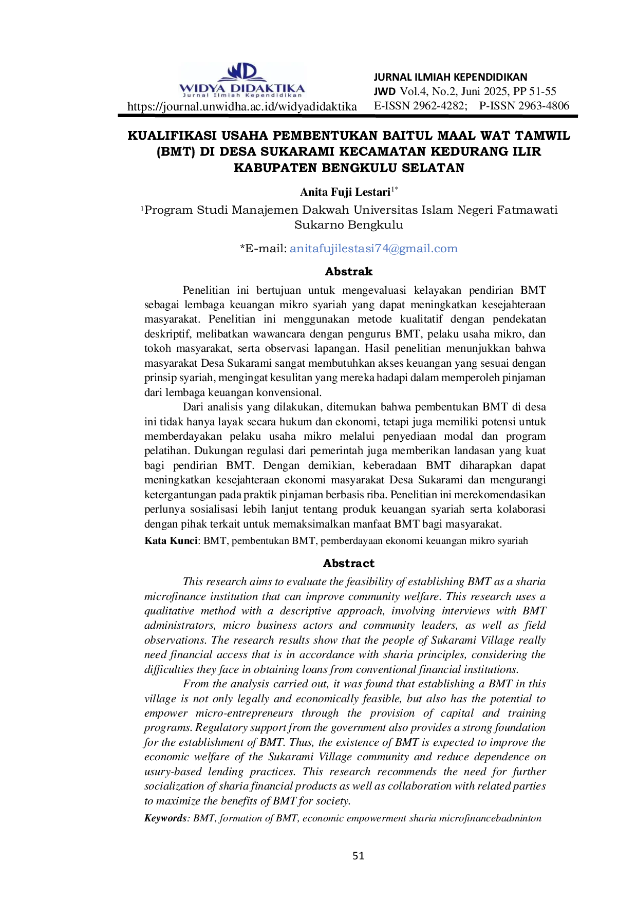 JURIS Kualifikasi Usaha Pembentukan Baitul Maal Wat Tamwil BMT di Desa Sukarami Kecamatan Kedurang Ilir Kabupaten Bengkulu Selatan