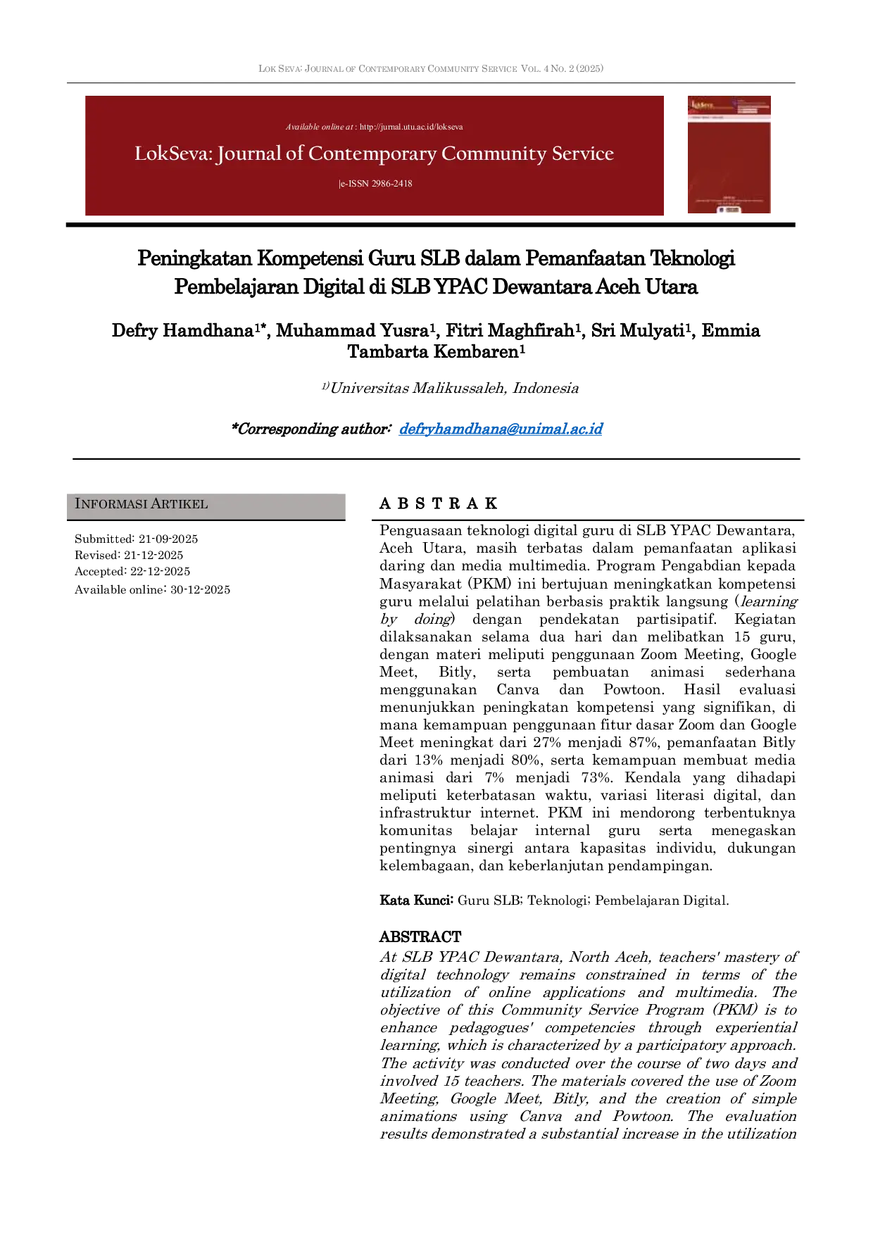 JURIS Peningkatan Kompetensi Guru SLB dalam Pemanfaatan Teknologi Pembelajaran Digital di SLB YPAC Dewantara Aceh Utara