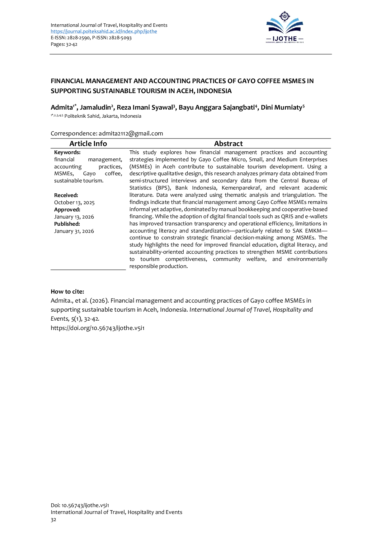 JURIS Financial Management and Accounting Practices of Gayo Coffee MSMEs in Supporting Sustainable Tourism in Aceh Indonesia