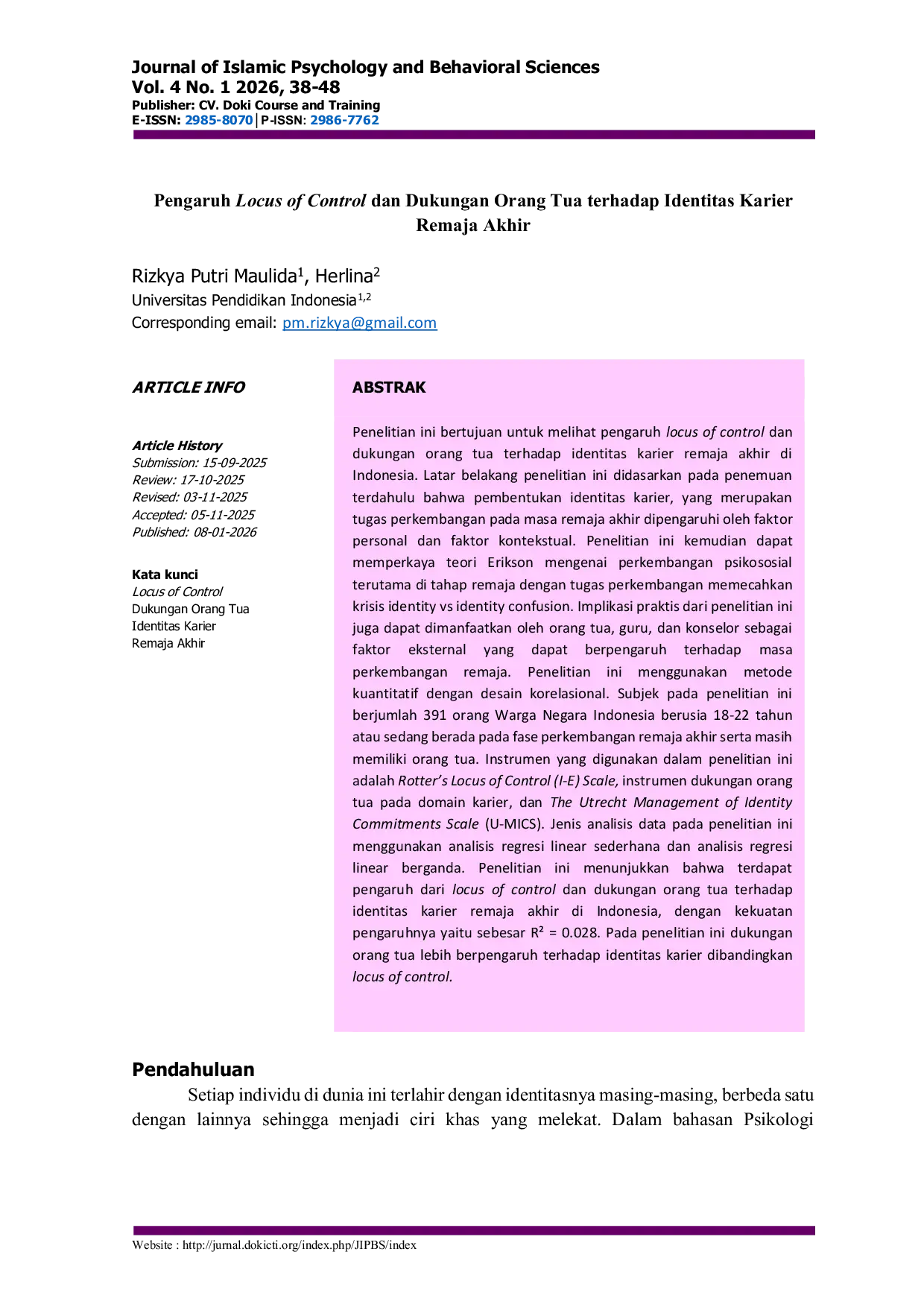 JURIS Pengaruh Locus of Control dan Dukungan Orang Tua terhadap Identitas Karier Remaja Akhir