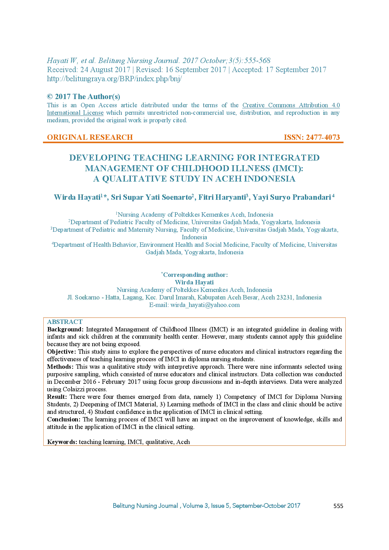 juris Developing Teaching Learning For Integrated Management Of Childhood Illness Imci A Qualitative Study In Aceh Indonesia