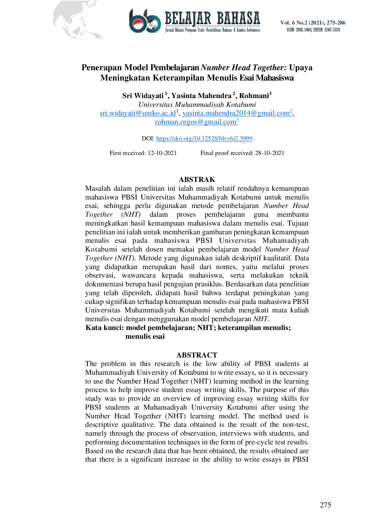 JURIS Penerapan Model Pembelajaran Number Head Together Upaya Meningkatan Keterampilan Menulis Esai Mahasiswa