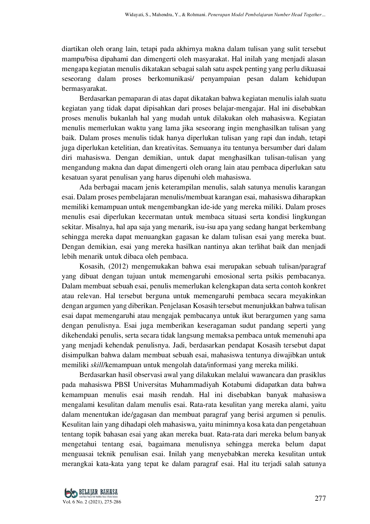JURIS Penerapan Model Pembelajaran Number Head Together Upaya Meningkatan Keterampilan Menulis Esai Mahasiswa