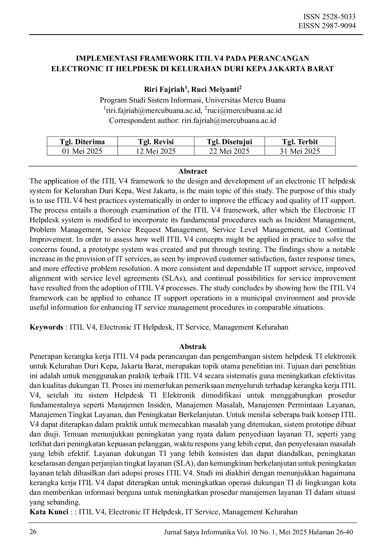 JURIS Implementasi Framework ITIL V4 Pada Perancangan Electronic IT Helpdesk di Kelurahan Duri Kepa Jakarta Barat