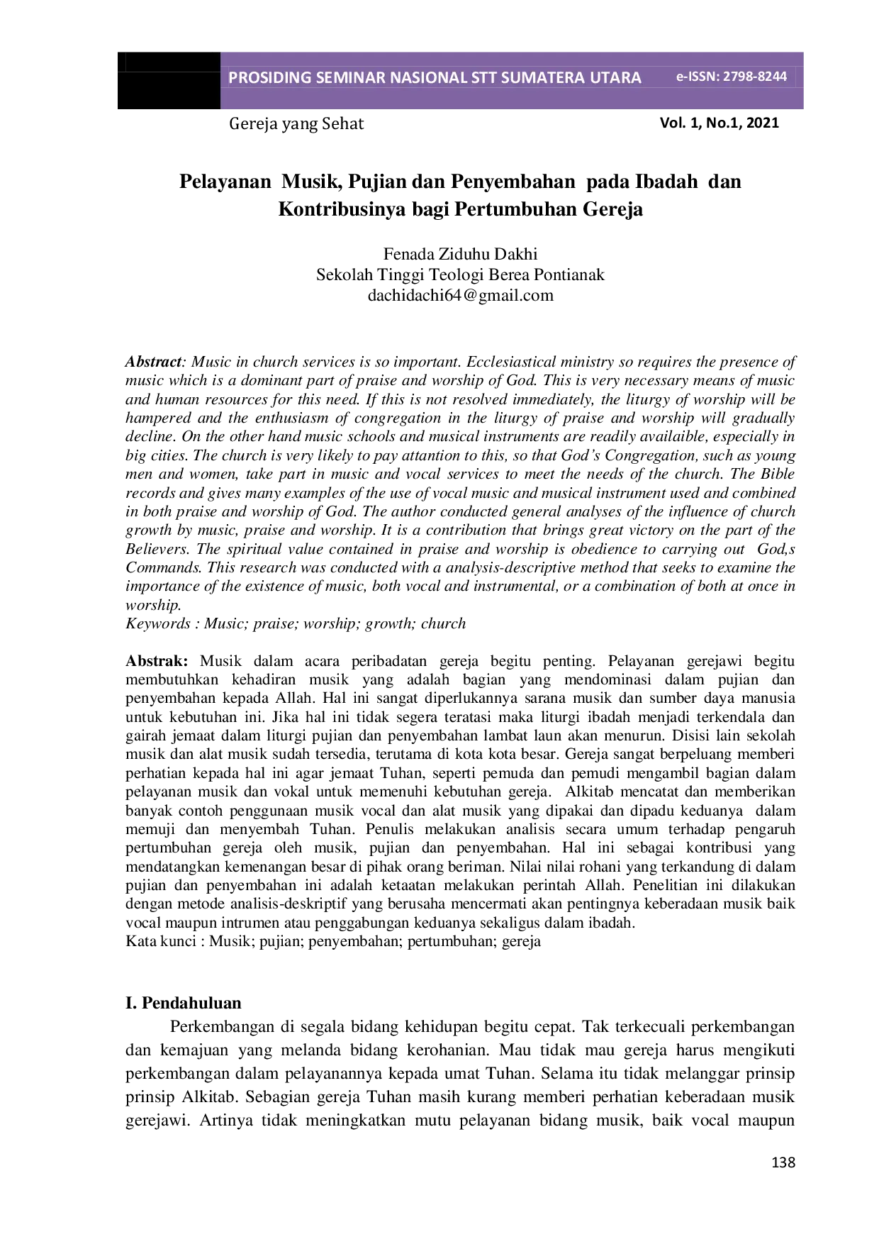 JURIS Pelayanan Musik Pujian dan Penyembahan pada Ibadah dan Kontribusinya bagi Pertumbuhan Gereja