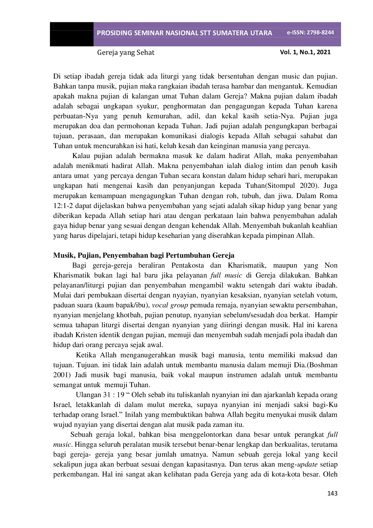 JURIS Pelayanan Musik Pujian dan Penyembahan pada Ibadah dan Kontribusinya bagi Pertumbuhan Gereja