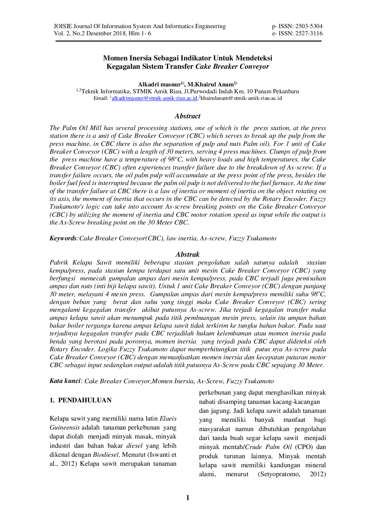 juris Momen Inersia Sebagai Indikator untuk Mendeteksi Kegagalan Sistem Transfer Cake Breaker Conveyor