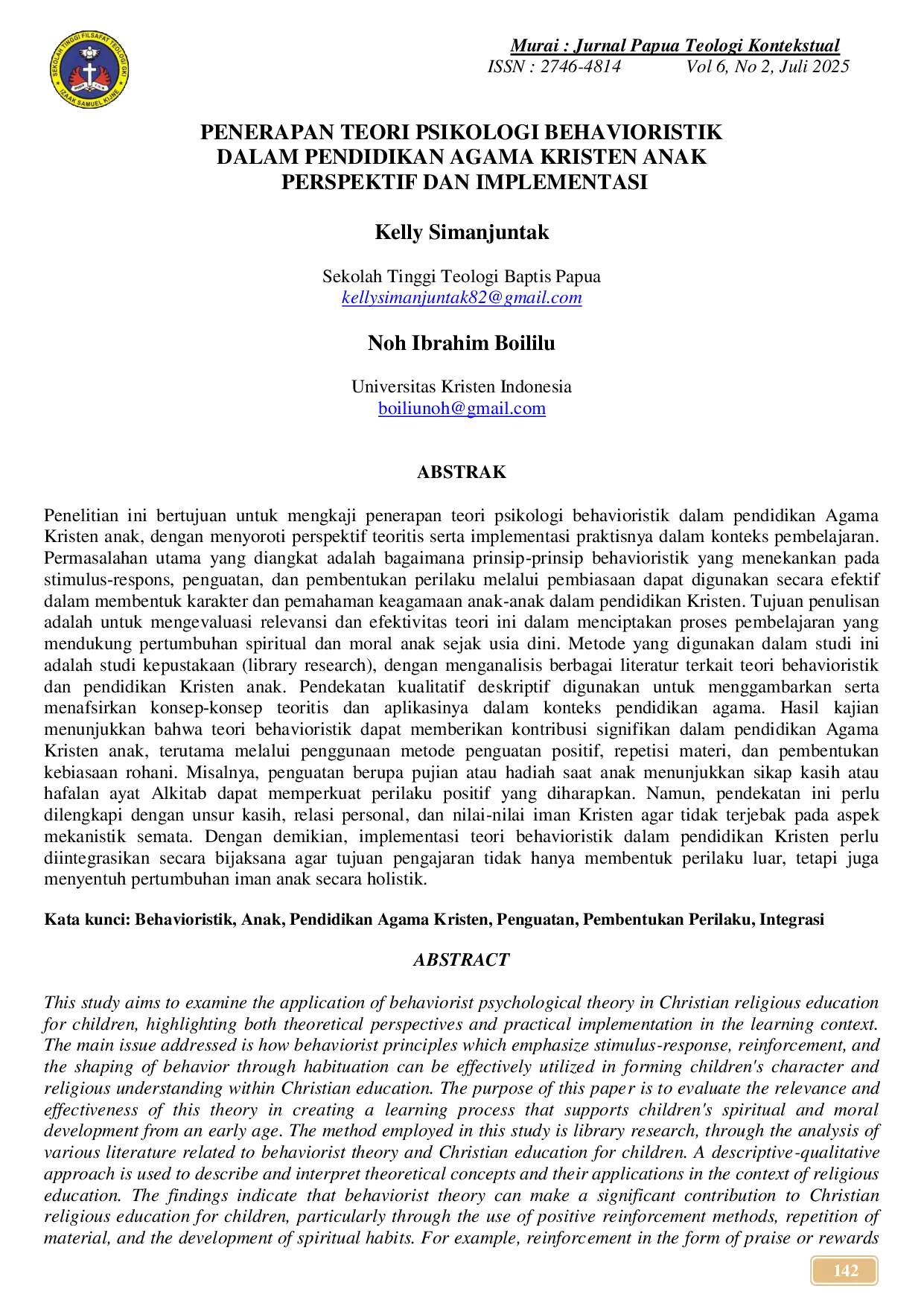 JURIS Penerapan Teori Psikologi Behavioristik Dalam Pendidikan Agama Kristen Anak Perspektif Dan Implementasi
