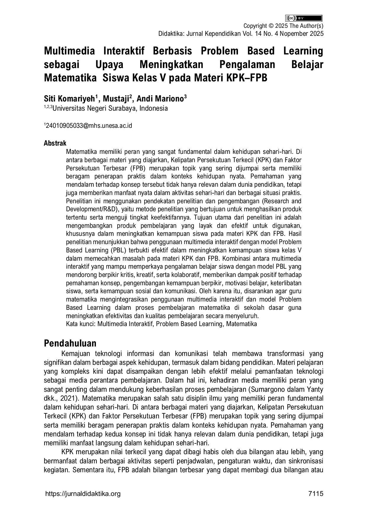JURIS Multimedia Interaktif Berbasis Problem Based Learning sebagai Upaya Meningkatkan Pengalaman Belajar Matematika Siswa Kelas V pada Materi KPK FPB