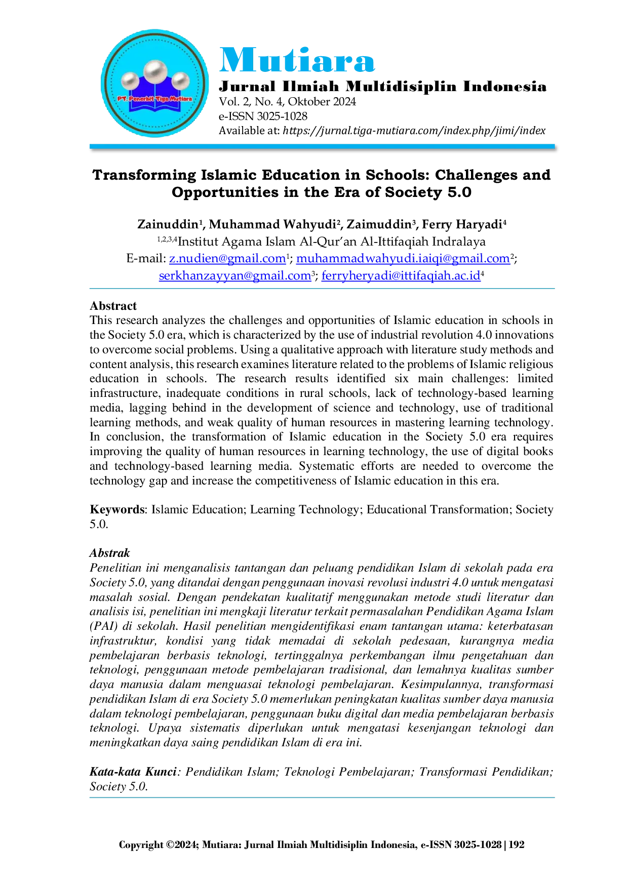 JURIS Transforming Islamic Education in Schools Challenges and Opportunities in the Era of Society 5 0