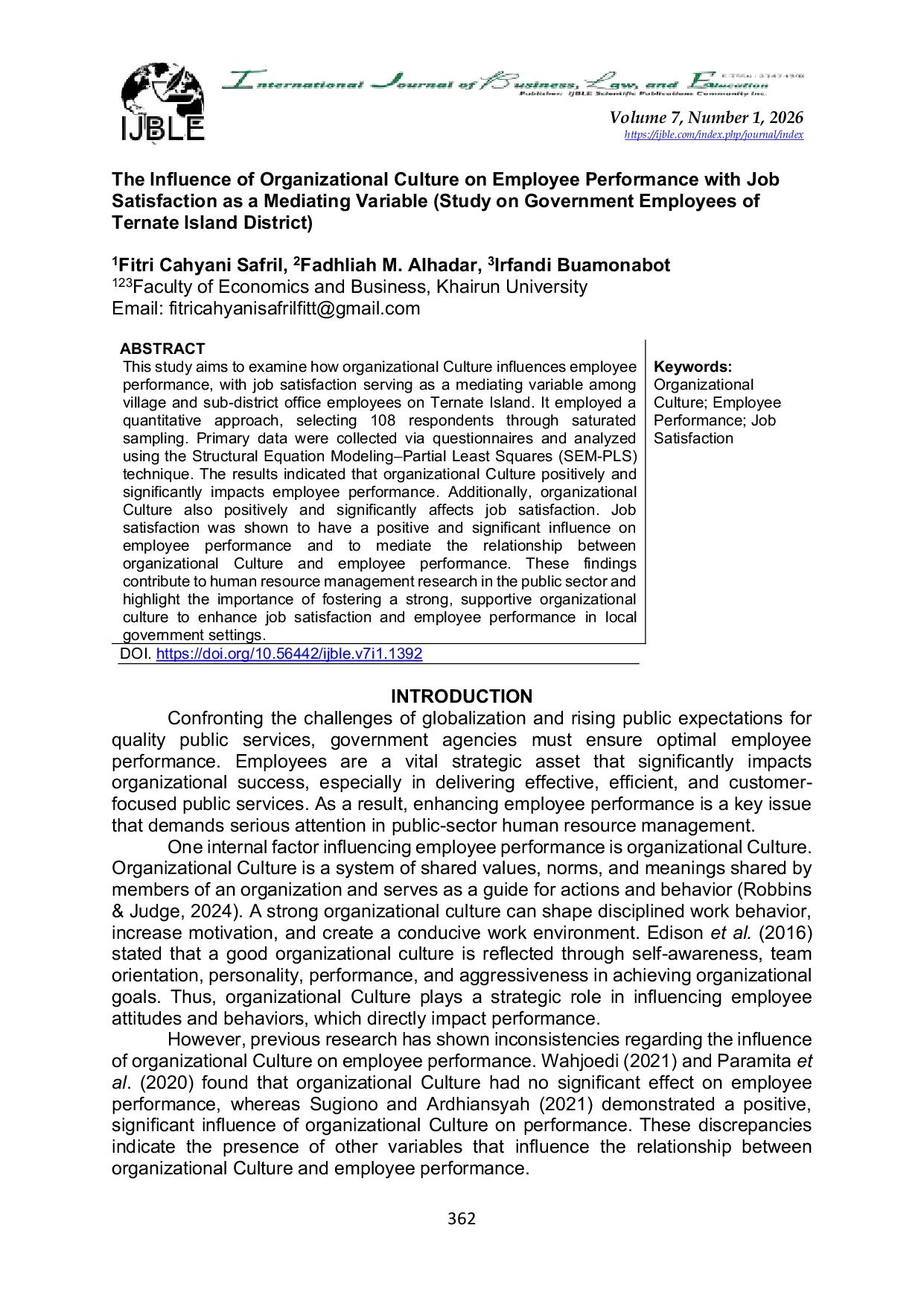 JURIS The Influence of Organizational Culture on Employee Performance with Job Satisfaction as a Mediating Variable