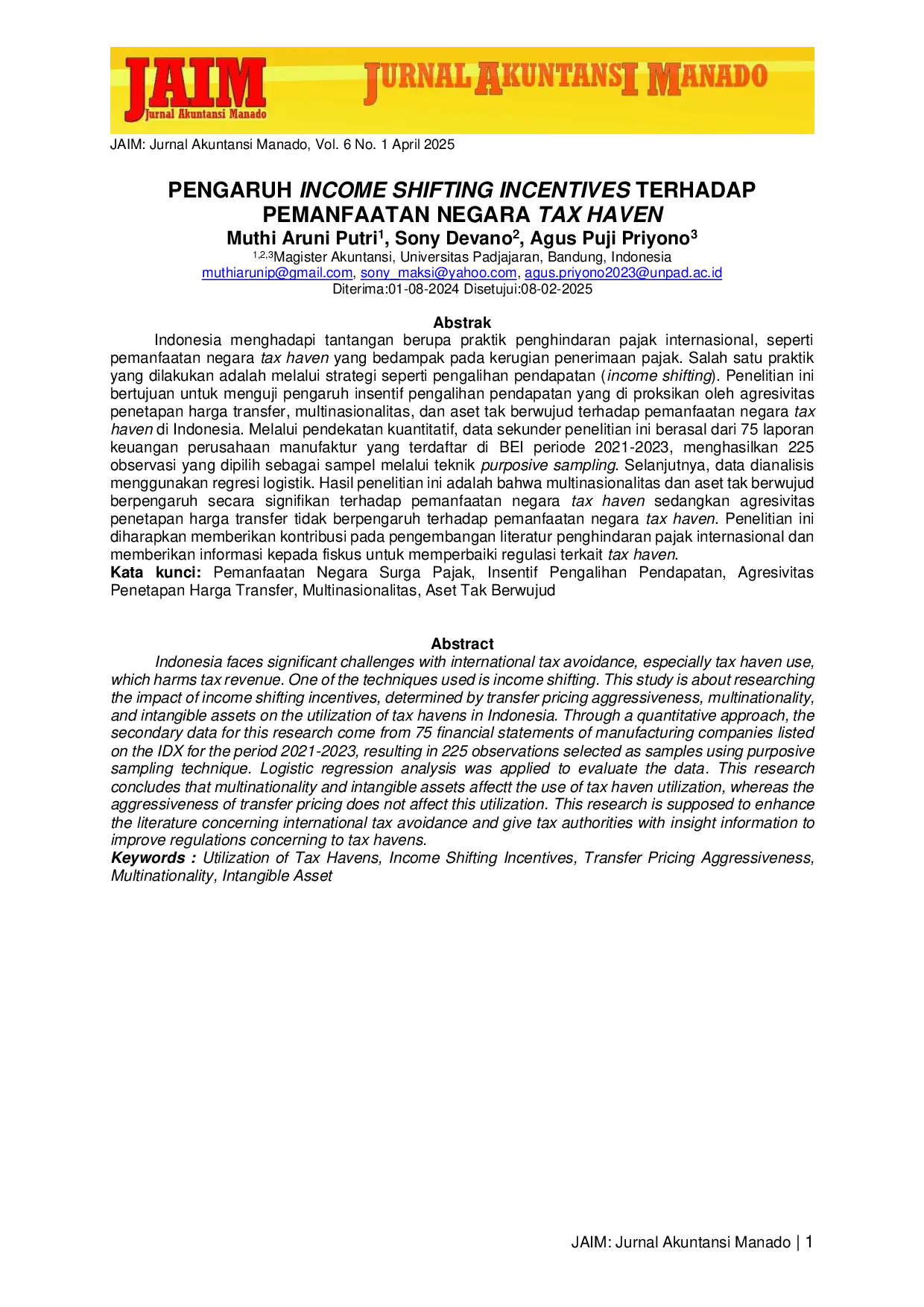 JURIS Pengaruh Income Shifting Incentives Terhadap Pemanfaatan Negara Tax Haven