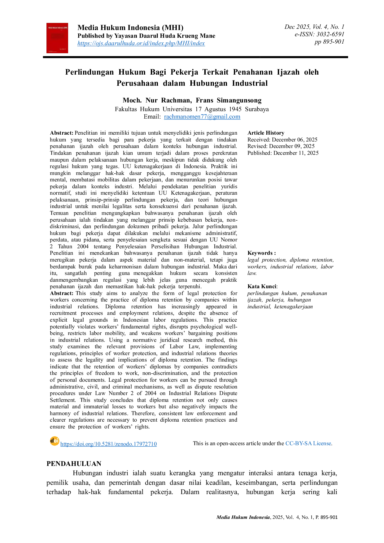 JURIS Perlindungan Hukum Bagi Pekerja Terkait Penahanan Ijazah oleh Perusahaan dalam Hubungan Industrial