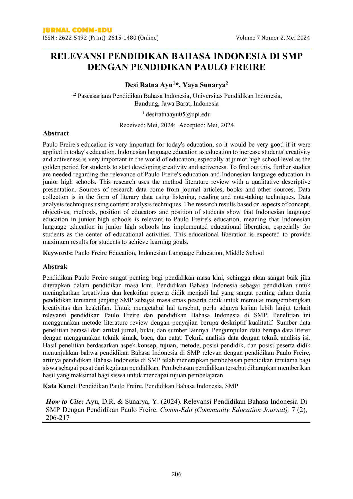 JURIS Relevansi Pendidikan Bahasa Indonesia di SMP dengan Pendidikan Paulo Freire