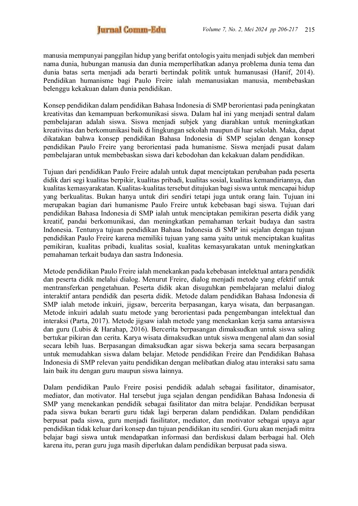 JURIS Relevansi Pendidikan Bahasa Indonesia di SMP dengan Pendidikan Paulo Freire