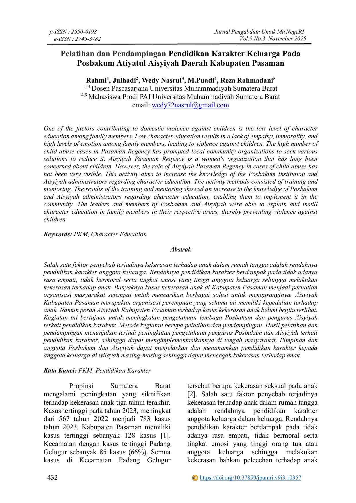 JURIS Pelatihan dan Pendampingan Pendidikan Karakter Keluarga Pada Posbakum Atiyatul Aisyiyah Daerah Kabupaten Pasaman