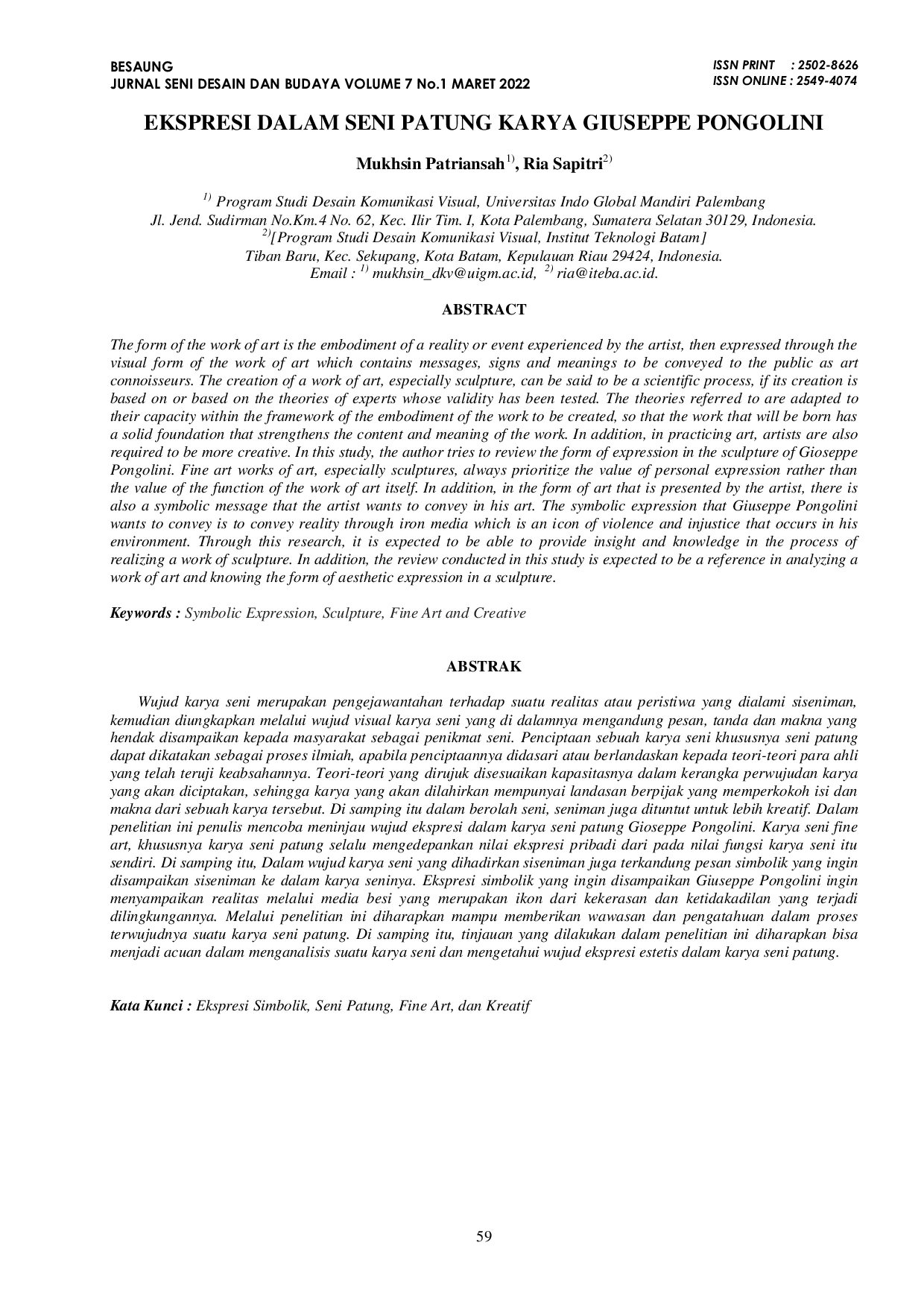 JURIS Ekspresi Dalam Seni Patung Karya Giuseppe Pongolini