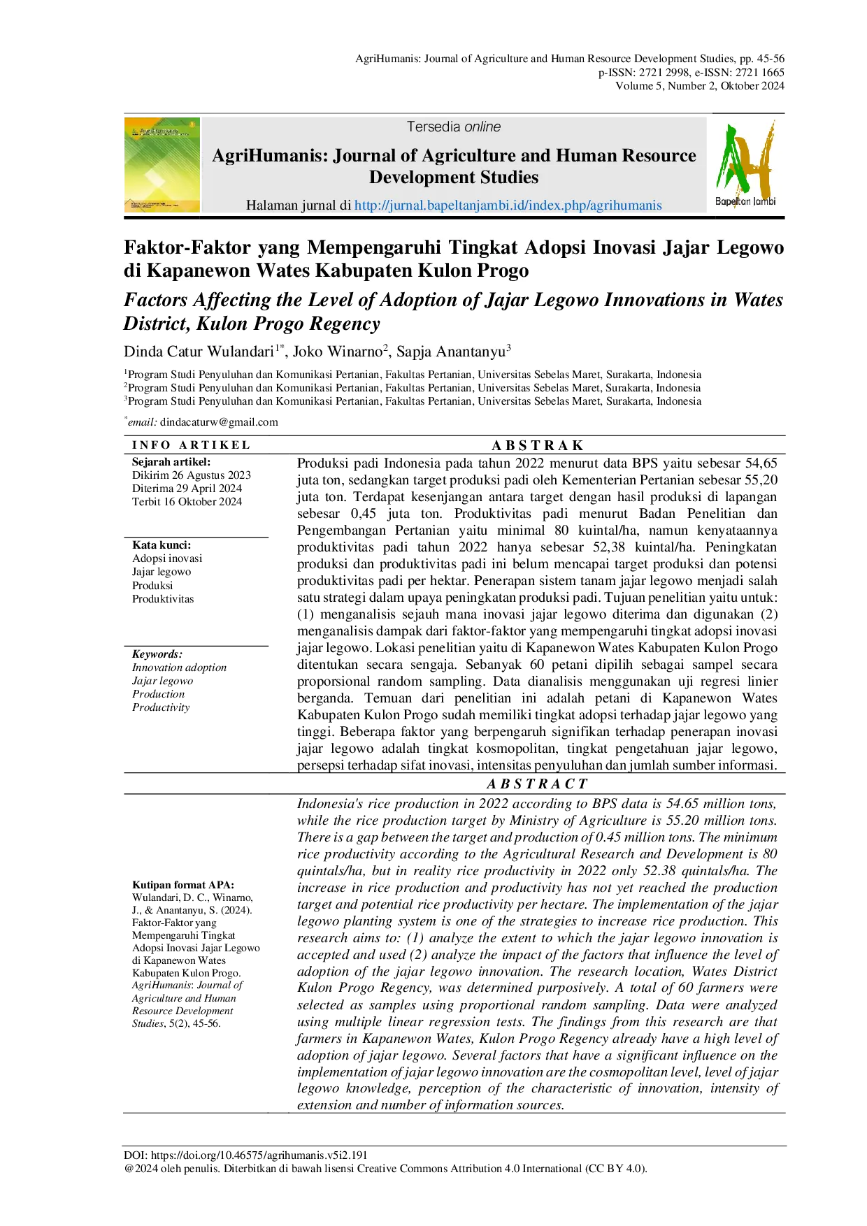 JURIS Factors Affecting the Level of Adoption of Jajar Legowo Innovations in Wates District Kulon Progo Regency