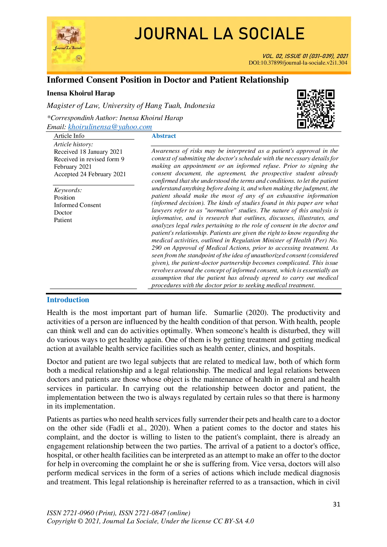 juris Informed Consent Position in Doctor and Patient Relationship
