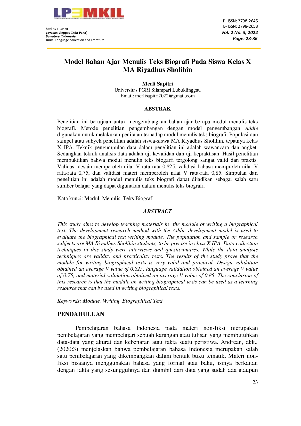 JURIS Model Bahan Ajar Menulis Teks Biografi Pada Siswa Kelas X MA Riyadhus Sholihin