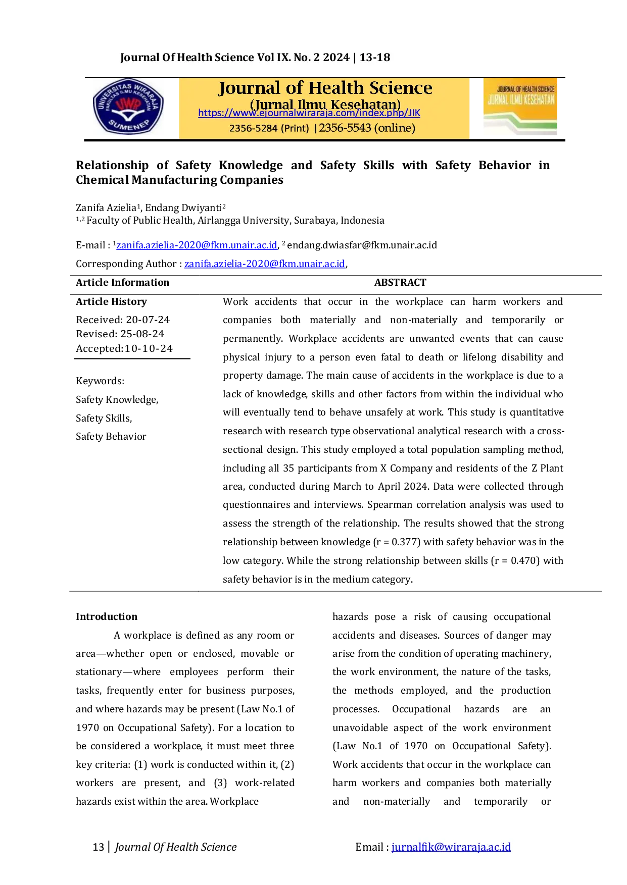 JURIS The Relationship of Safety Knowledge and Safety Skills with Safety Behavior in Chemical Manufacturing Companies