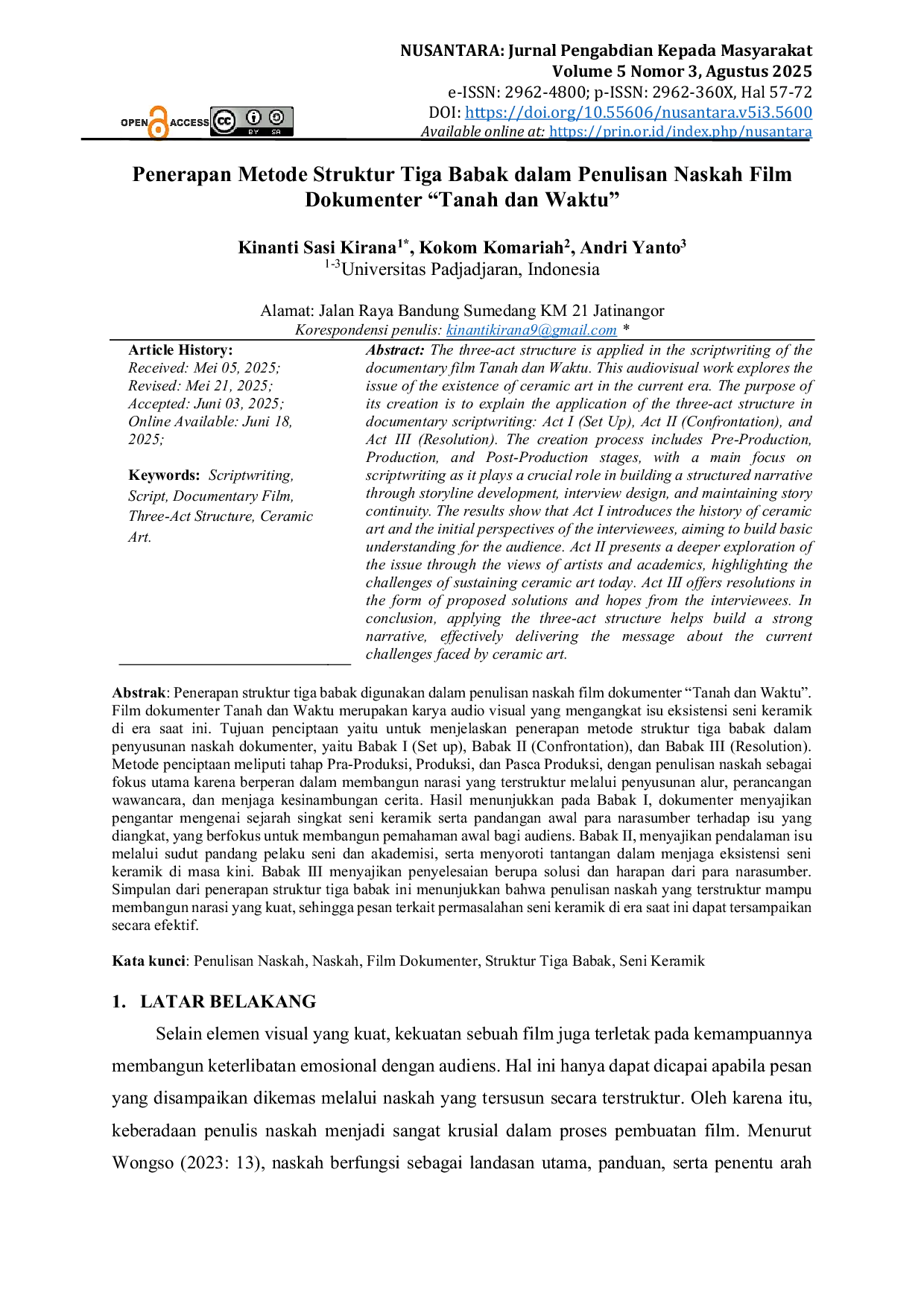 JURIS Penerapan Metode Struktur Tiga Babak dalam Penulisan Naskah Film Dokumenter Tanah dan Waktu