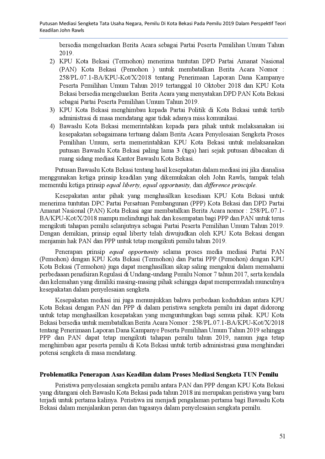 juris Mediation Decision of State Administration Disputes Elections in Bekasi City in The 2019 Elections at John Rawls Theory Of Justice Perspective