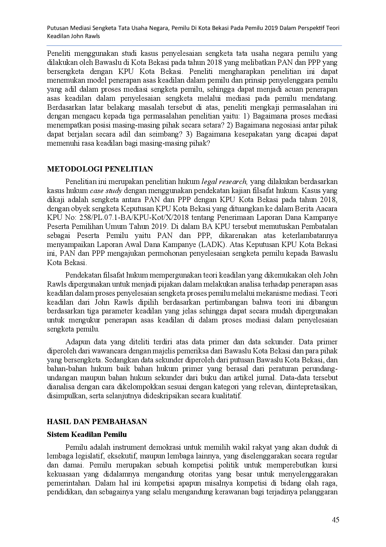 juris Mediation Decision of State Administration Disputes Elections in Bekasi City in The 2019 Elections at John Rawls Theory Of Justice Perspective