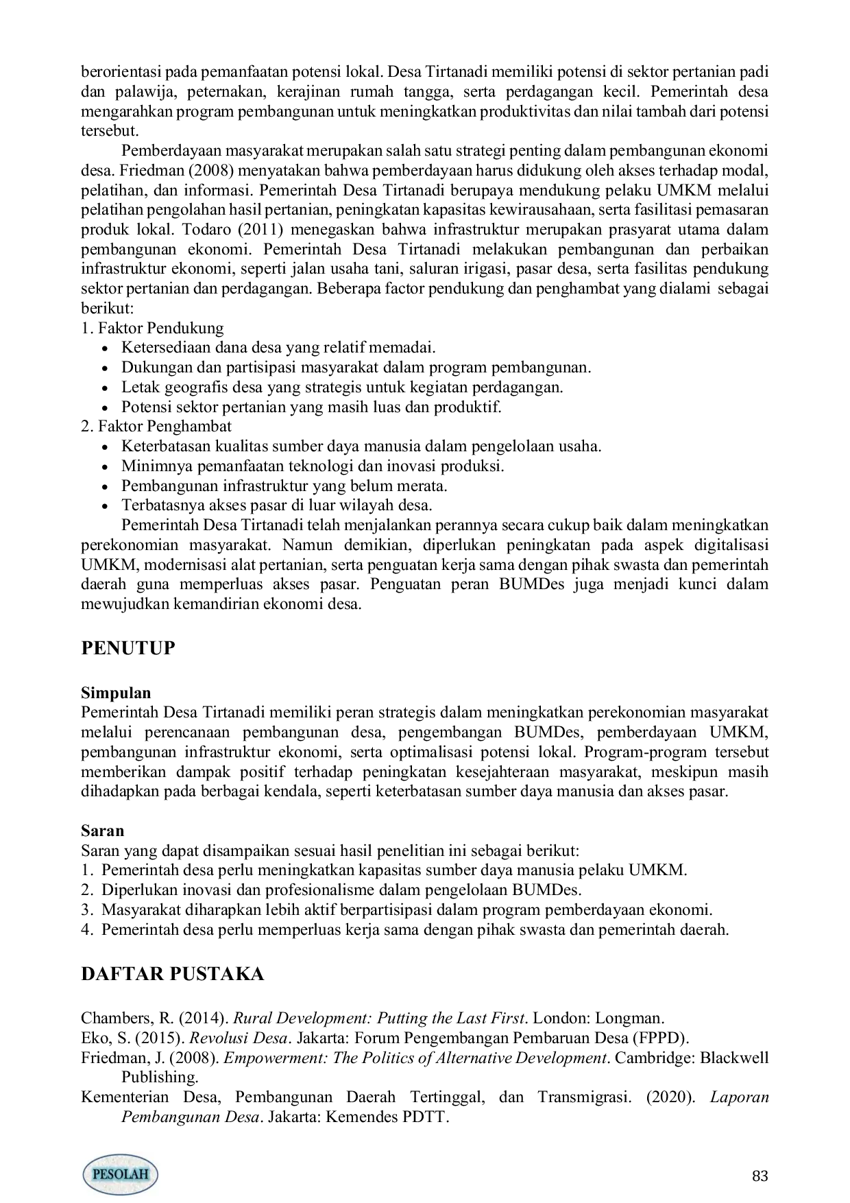 JURIS PERAN PEMERINTAH DESA DALAM MENINGKATKAN PEREKONOMIAN MASYARAKAT DI DESA TIRTANADI KECAMATAN LABUHAN HAJI KABUPATEN LOMBOK TIMUR The Role of Village Government in Improving the Community Economy in