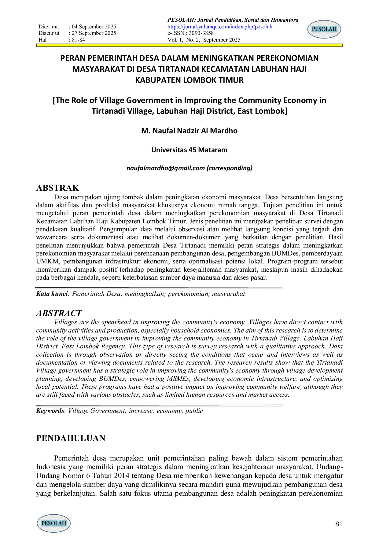 JURIS PERAN PEMERINTAH DESA DALAM MENINGKATKAN PEREKONOMIAN MASYARAKAT DI DESA TIRTANADI KECAMATAN LABUHAN HAJI KABUPATEN LOMBOK TIMUR The Role of Village Government in Improving the Community Economy in