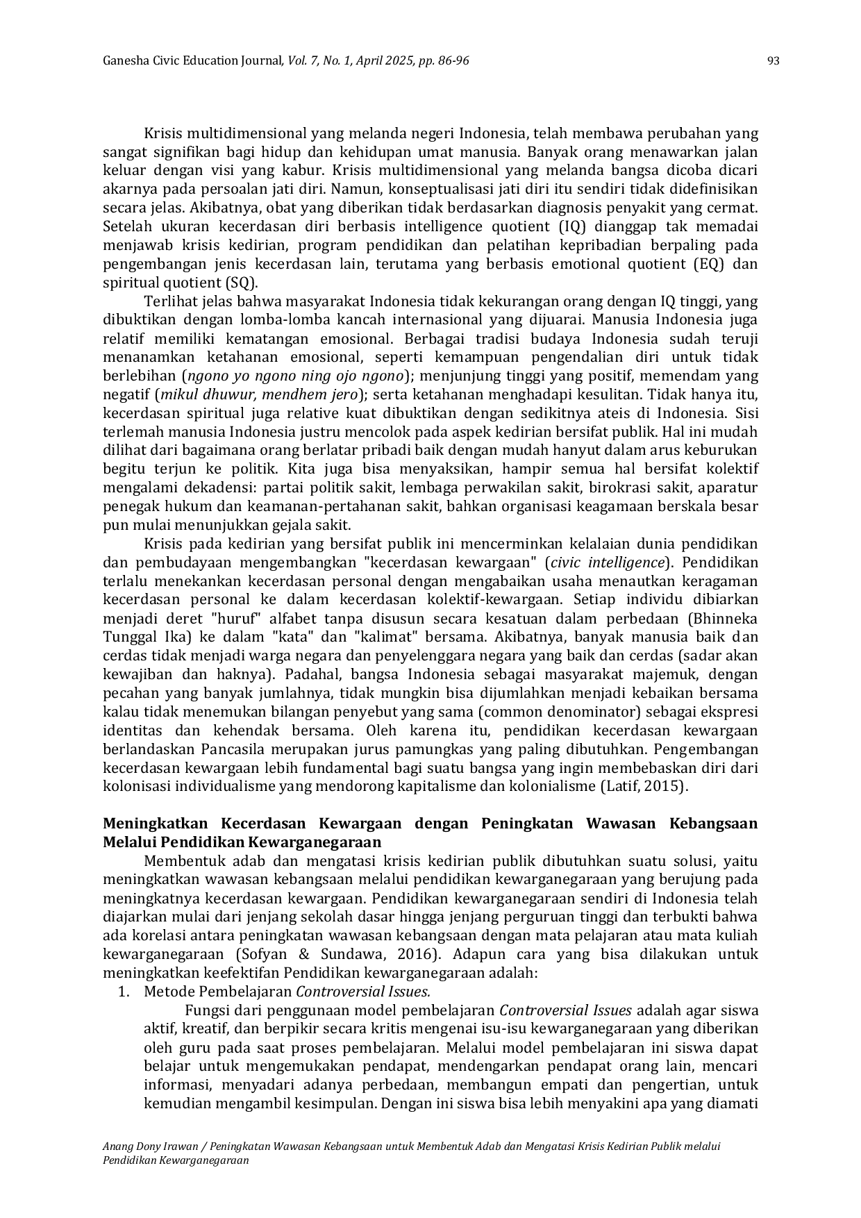 JURIS Peningkatan Wawasan Kebangsaan Untuk Membentuk Adab Dan Mengatasi Krisis Kedirian Publik Melalui Pendidikan Kewarganegaraan