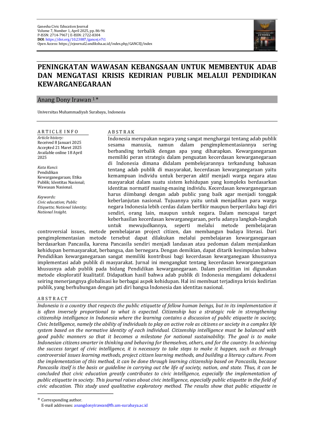 JURIS Peningkatan Wawasan Kebangsaan Untuk Membentuk Adab Dan Mengatasi Krisis Kedirian Publik Melalui Pendidikan Kewarganegaraan