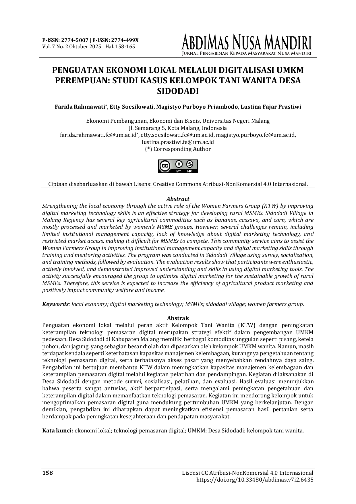 JURIS Penguatan Ekonomi Lokal Melalui Digitalisasi UMKM Perempuan Studi Kasus Kelompok Tani Wanita Desa Sidodadi