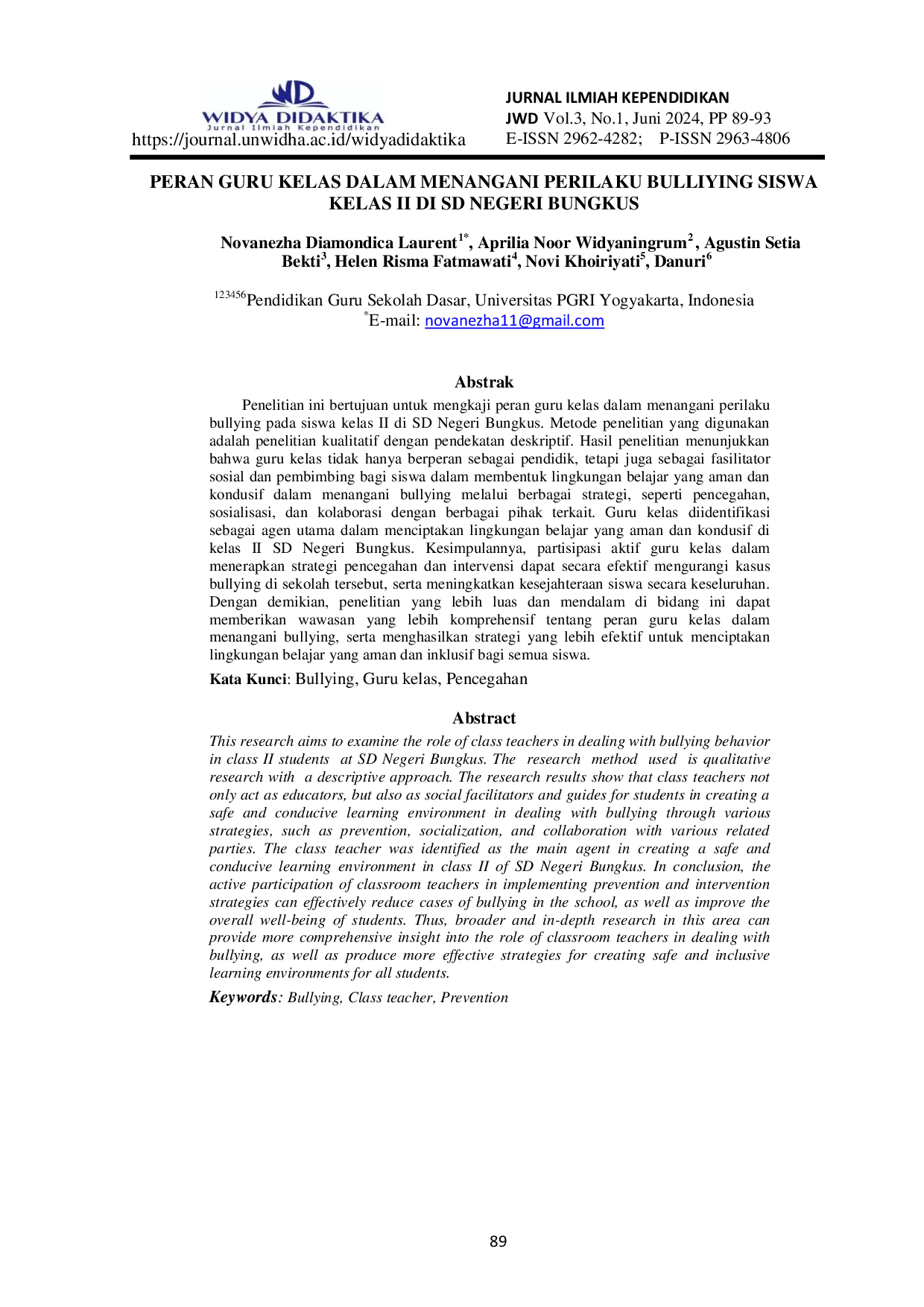 JURIS Peran Guru Kelas dalam Menangani Perilaku Bullying Siswa Kelas II di SD Negeri Bungkus
