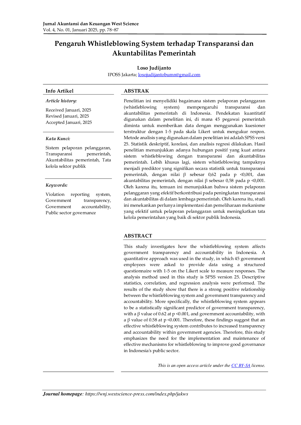JURIS Pengaruh Whistleblowing System terhadap Transparansi dan Akuntabilitas Pemerintah