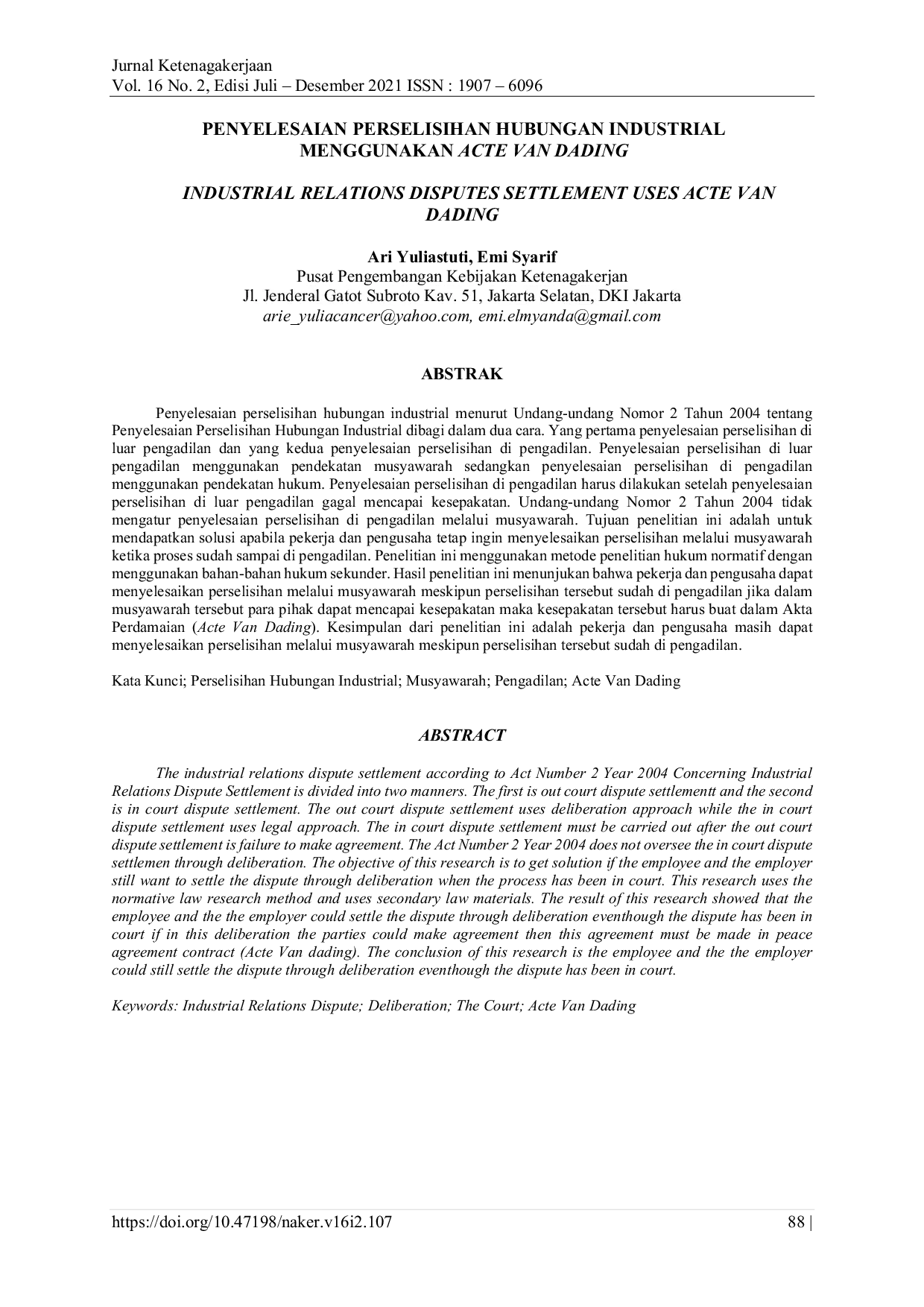 JURIS Penyelesaian Perselisihan Hubungan Industrial Menggunakan Acte Van Dading