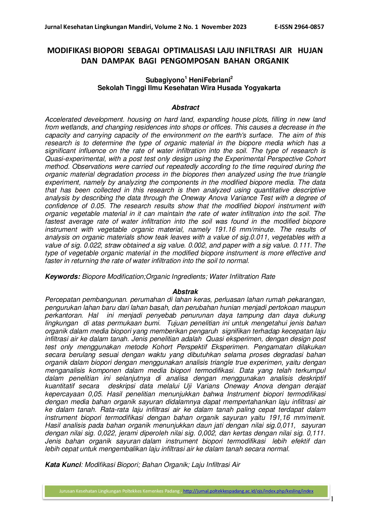 JURIS Modifikasi Biopori sebagai Optimalisasi Laju Infiltrasi Air Hujan dan Dampak bagi Pengomposan Bahan Organik