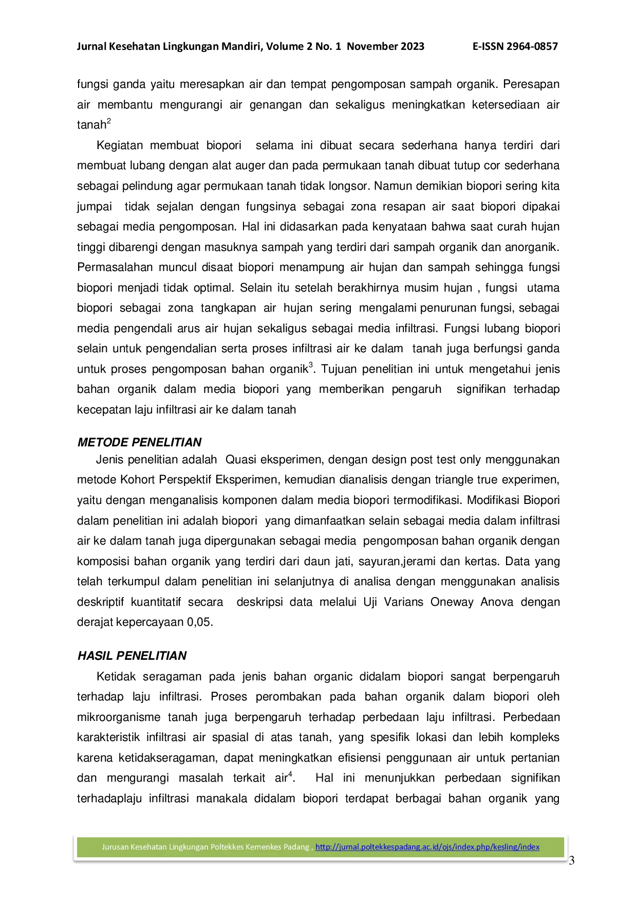 JURIS Modifikasi Biopori sebagai Optimalisasi Laju Infiltrasi Air Hujan dan Dampak bagi Pengomposan Bahan Organik