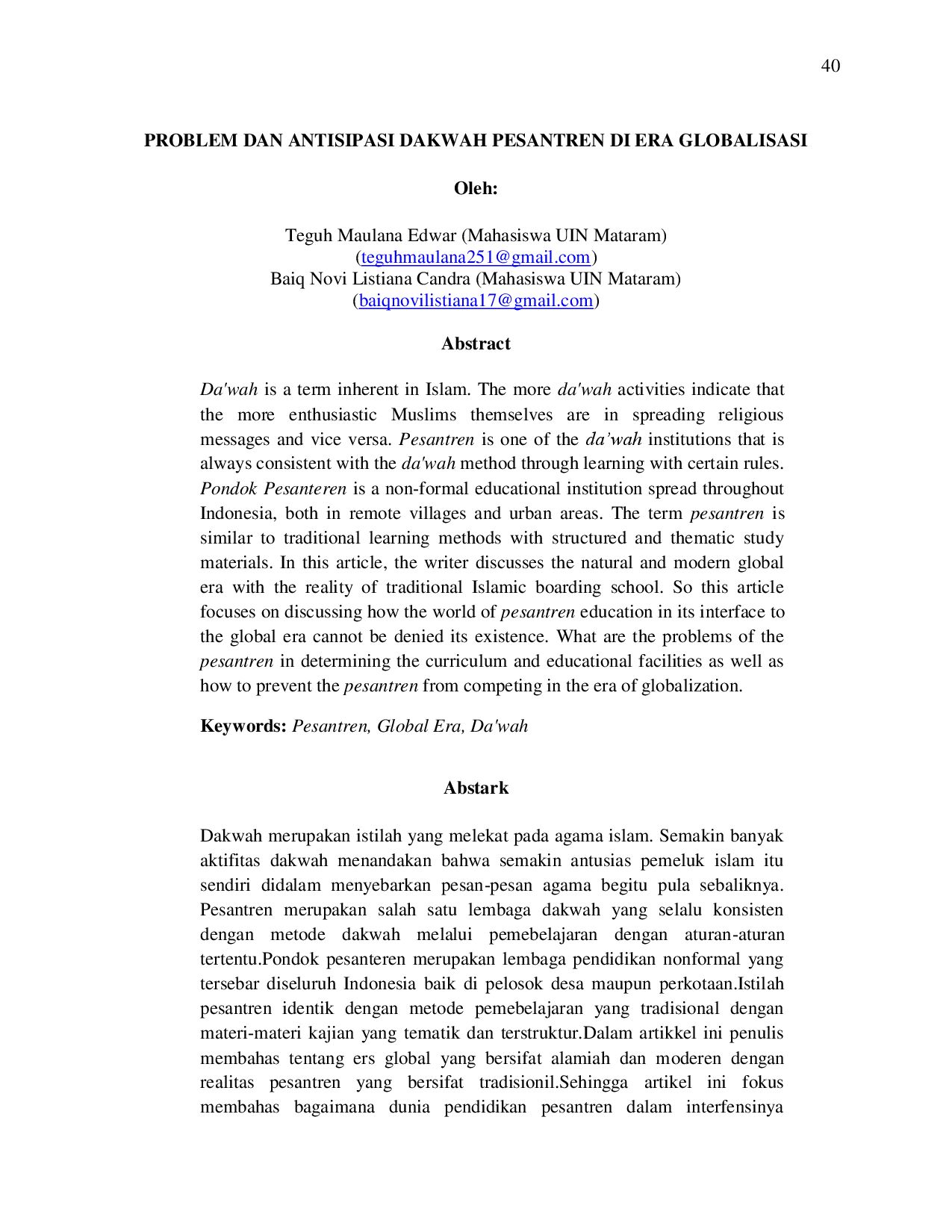 juris Problem Dan Antisipasi Dakwah Pesantren Di Era Globalisasi