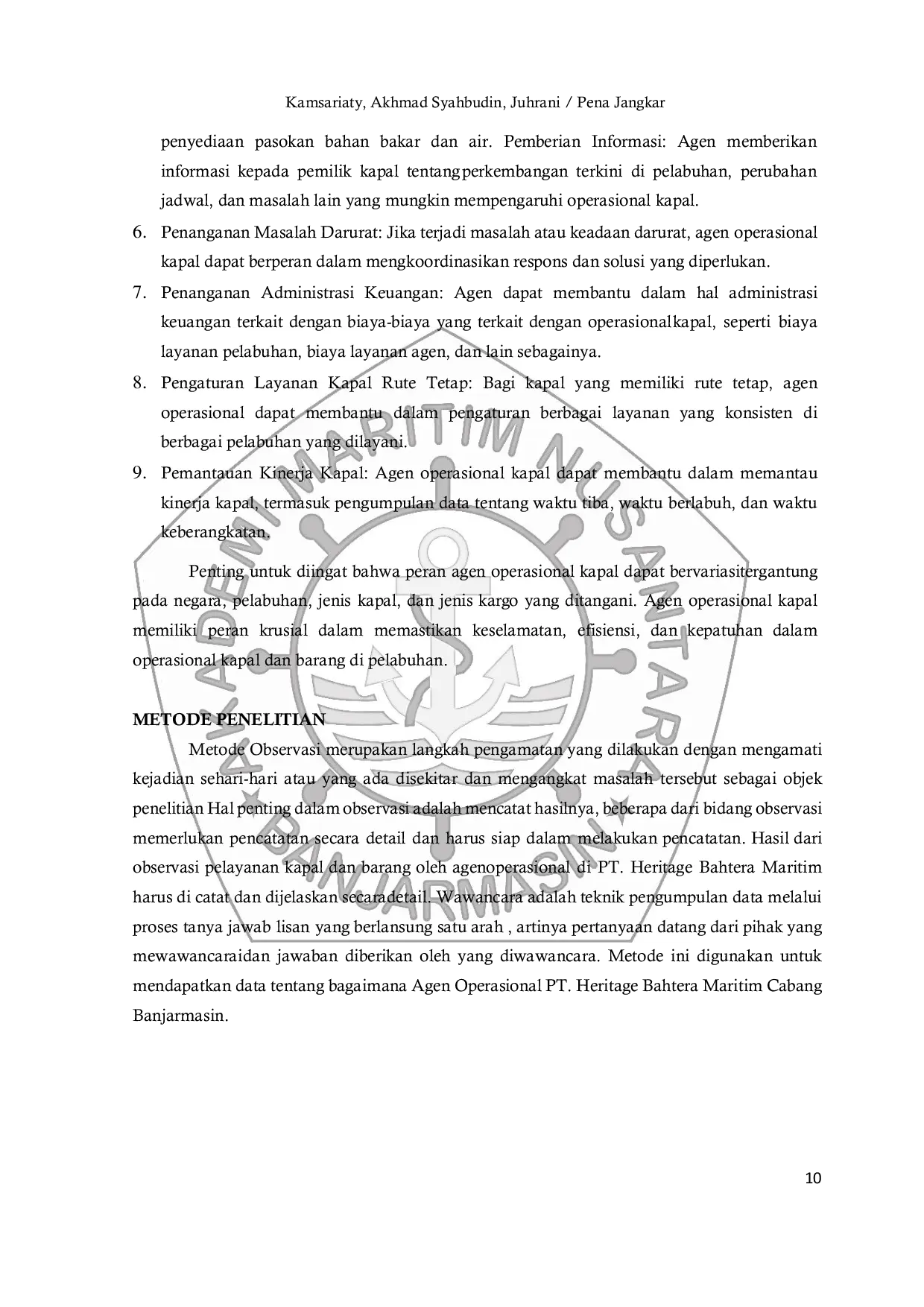 JURIS Pelayanan Kapal dan Barang Oleh Agen Operasional PT Heritage Bahtera Maritim Cabang Banjarmasin