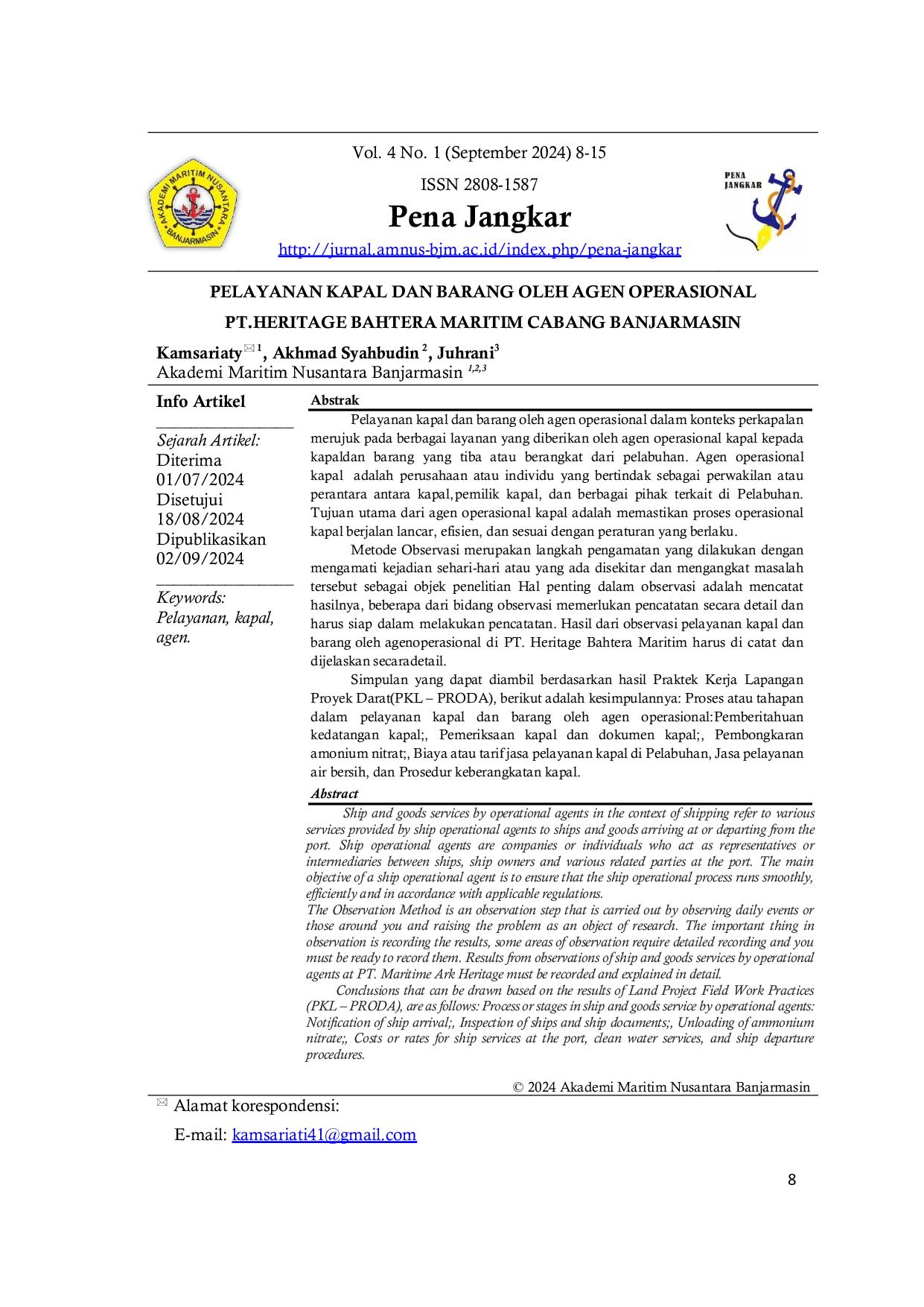 JURIS Pelayanan Kapal dan Barang Oleh Agen Operasional PT Heritage Bahtera Maritim Cabang Banjarmasin