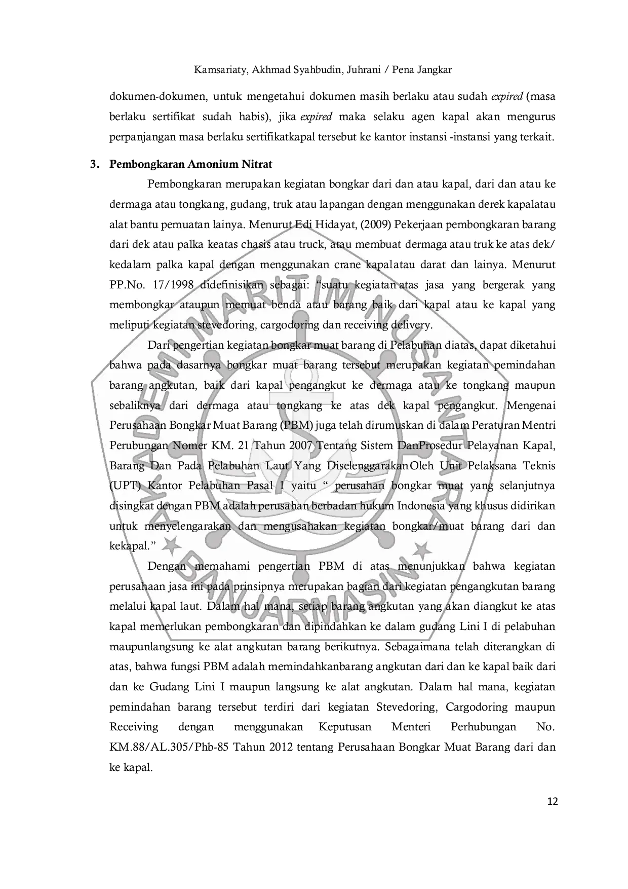 JURIS Pelayanan Kapal dan Barang Oleh Agen Operasional PT Heritage Bahtera Maritim Cabang Banjarmasin